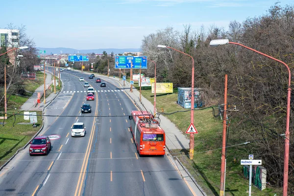 BRATISLAVA, SLOVAKIA - MARCH 03, 2022. Trolleybus Skoda 31Tr SOR #6825 riding with passengers in the streets of Bratislava.