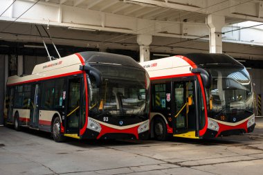 JIHLAVA, CZECH REPUBLIC - February 24, 2022. Trolleybuses Skoda 32Tr SOR #93 and 10 at the trolleybus depot in Jihlava.