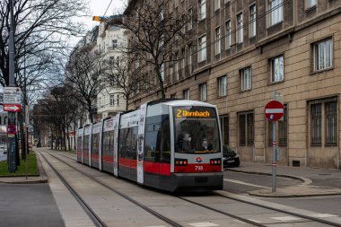 VIENNA, AUSTRIA - MARCH 05, 2022. Tram Siemens VLF-B1 #798 riding with passengers in the streets of Vienna.