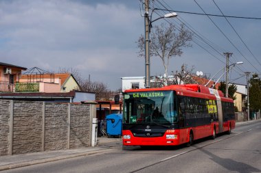 BRATISLAVA, SLOVAKIA - MARCH 04, 2022. Trolleybus Skoda 31Tr SOR #6869 riding with passengers in the streets of Bratislava.