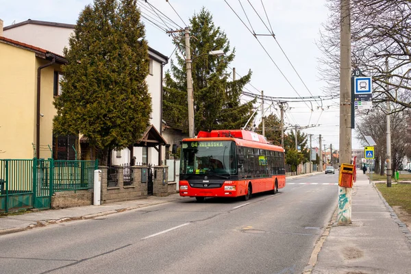BRATISLAVA, SLOVAKIA - MARCH 05, 2022. Trolleybus Skoda 30Tr SOR #6021 riding with passengers in the streets of Bratislava.