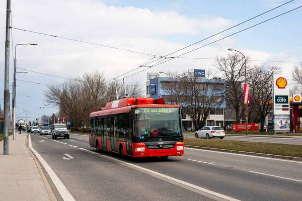 BRATISLAVA, SLOVAKIA - MARCH 05, 2022. Trolleybus Skoda 30Tr SOR #6014 riding with passengers in the streets of Bratislava.