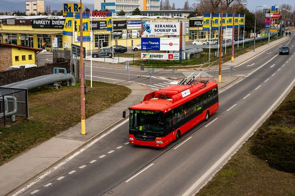 BRATISLAVA, SLOVAKIA - MARCH 05, 2022. Trolleybus Skoda 30Tr SOR #6022 riding with passengers in the streets of Bratislava.