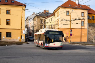 JIHLAVA, CZECH REPUBLIC - February 24, 2022. Trolleybus Skoda 26Tr Solaris #79 riding with passengers in the streets of Jihlava.