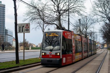 VIENNA, AUSTRIA - MARCH 05, 2022. Tram Siemens VLF-B1 #781 riding with passengers in the streets of Vienna.