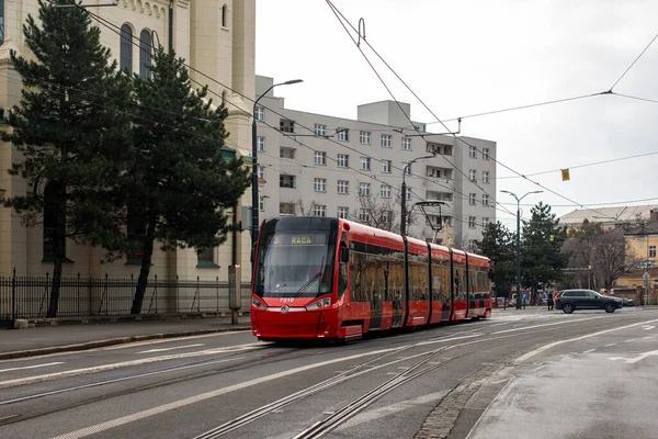 Bratislava Slovakia March 2022 Tram Skoda 30T1 7510 Riding Passengers — Zdjęcie stockowe