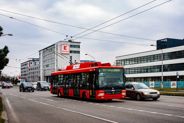 BRATISLAVA, SLOVAKIA - MARCH 07, 2022. Trolleybus Skoda 30Tr SOR #6035 riding with passengers in the streets of Bratislava.