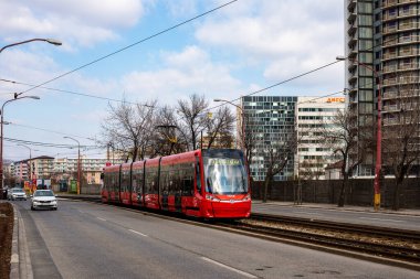 BRATISLAVA, SLOVAKIA - MARCH 07, 2022. Tram Skoda 30T1 #7510 riding with passengers in the streets of Bratislava.