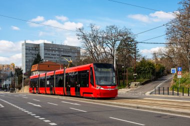 BRATISLAVA, SLOVAKIA - MARCH 08, 2022. Tram Skoda 29T1 #7409 riding with passengers in the streets of Bratislava.