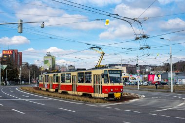BRATISLAVA, SLOVAKIA - MARCH 08, 2022. Trams Tatra T6A5 #7943 and 7944 riding in the streets of Bratislava.