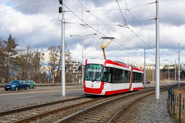 Brno Czech Republic February 2022 Tram Pragolmex Evo 1827 Riding — стоковое фото