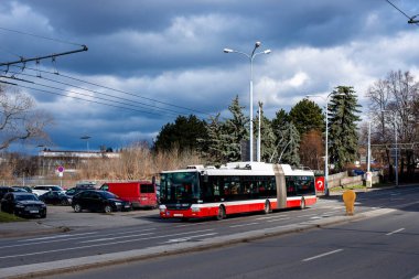 BRNO, CZECH REPUBLIC - February 25, 2022. Trolleybus Skoda 31Tr SOR #3624 riding with passengers in the streets of Brno.