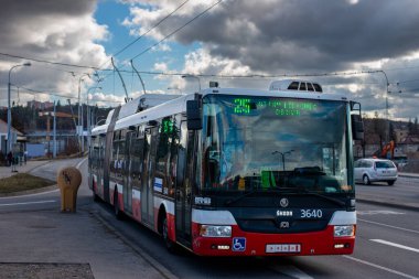 BRNO, CZECH REPUBLIC - February 25, 2022. Trolleybus Skoda 31Tr SOR #3640 riding with passengers in the streets of Brno.