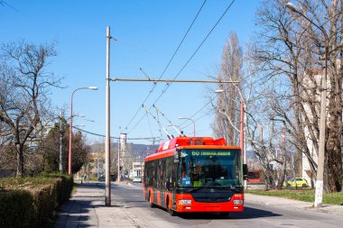 BRATISLAVA, SLOVAKIA 12 Mart 2022. Trolleybus Skoda 30Tr # 6031 Bratislava sokaklarında yolcularla birlikte.