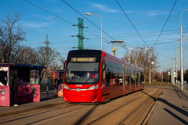 Братислава Словакия Марта 2022 Года Трамвай Skoda 29T1 7408 Пассажирами — стоковое фото
