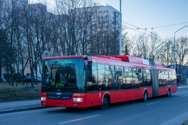 BRATISLAVA, SLOVAKIA 12 Mart 2022. Trolleybus Skoda 31TR SOR # 6805 Bratislava sokaklarında yolcularla birlikte.