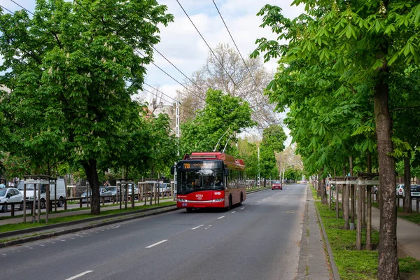 BUDAPEST, AÇIK - 26 Nisan 2022. Trolleybus Solaris Trollino 12 Skoda # 8014 Budapeşte sokaklarında yolcularla birlikte.