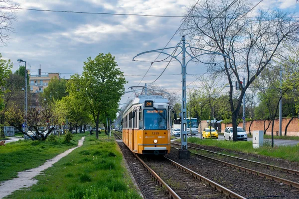 Rozpočet Maďarsko Dubna2022 Tramvaj Ganz Kcsv7 1359 Koni Pasažéry Ulicích — Stock fotografie