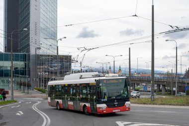 BANSKA BYSTRICA, SLOVAKIA - April 09, 2022. Trolleybus Skoda 30Tr SOR #3003 riding with passengers in the streets of Banska Bystrica.