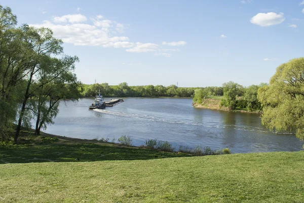 Towboat ve nehrin Rus ülkede teknede