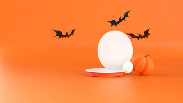 Šťastný Halloween Pozadí Minimální Pódium Dýně Létající Netopýři Oranžovém Pozadí — Stock fotografie