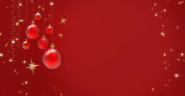 Noel ve yeni yıl arkaplanı tebrik kartı, poster ya da duvar kağıdı için. Şenlikli takılar, altın yıldızlar ve kırmızıda pullar. Selamlama ya da metin için 3d resimleme, afiş, kopyalama alanı. 