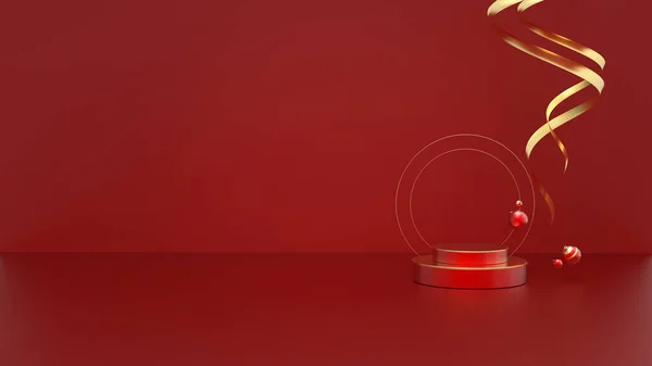 Minimales Weihnachts Und Neujahrspodium Zur Produktpräsentation Rot Mit Goldener Bühne — Stockfoto