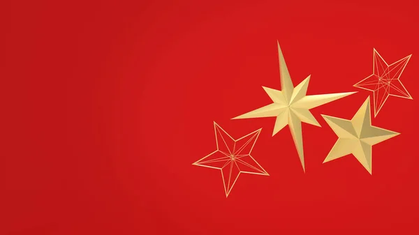 Kırmızı arkaplanda altın dijital yıldızlar. Bir dizi altın yıldız çeşidi. 3D illüstrasyon, kopyalama alanı olan afiş. Kartınız, posteriniz ya da başka amaçlarınız için güzel bir tasarım..