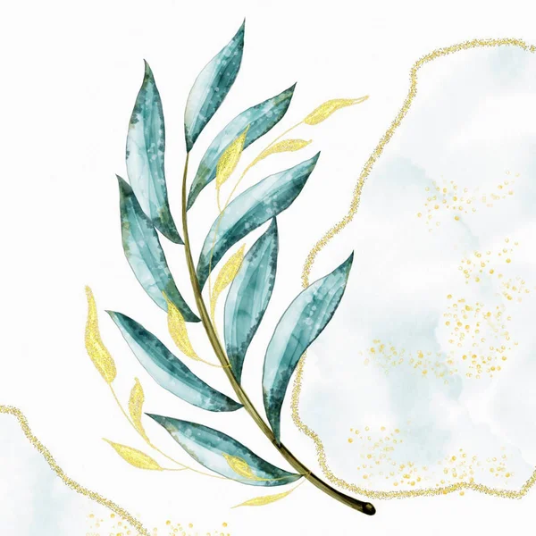 Gałąź Eukaliptusa Ilustracja Cyfrowa Zielony Złotymi Liśćmi Abstrakcyjna Kompozycja Białym — Zdjęcie stockowe
