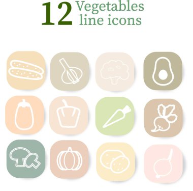 Sebze ikonu koleksiyonu. Açık renkli çıkartmalarda bir dizi sağlıklı diyet sebzesi. Vektör illüstrasyonu.