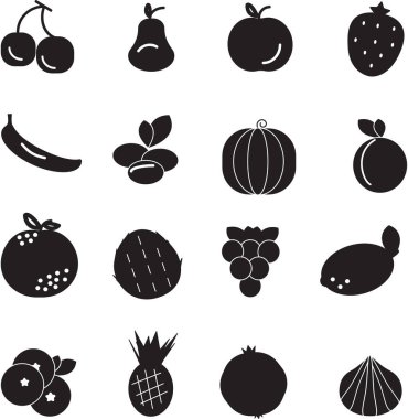 Beyaz arka planda siyah renkli meyve ikonları var. Vektör çizimi. Sağlıklı diyet meyve yeme kavramı.
