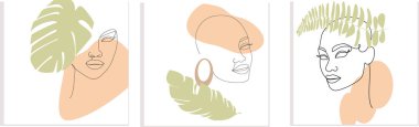 Set of three line art pictures. Line Art abstract triptych, women faces, geometrical shapes and minimal plant leaves. Banner, vector illustration, trendy design.