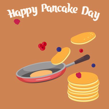 Fried pancakes in a frying pan, fresh berries, ready to eat. Beautiful design for happy Pancake Day. Bakery, homemade food, diy concept.