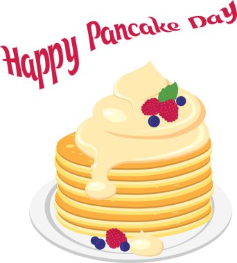Baked stacked pancakes, drizzled with syrup and fresh berries on the plate, ready to eat. Nice design for happy Pancake Day. Bakery concept, homemade pancakes, diy. Vector illustration. 