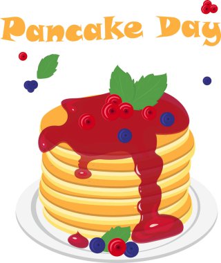 Group of baked pancakes stacked and drizzled with syrup and fresh berries. Happy Pancake Day. Diy , bakery, homemade food and drink concept. Nice design for your purposes, vector illustration.