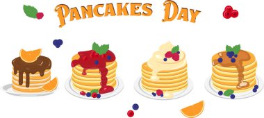 Set of stacked pancakes with various syrups on the plate. Nice colorful design for card, party invitation for Pancake Day. Healthy eating, diy,  homemade bakery concept. Vector illustration, banner.