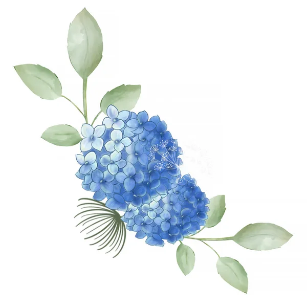 Niebieski Delikatny Hortensji Kwiaty Liście Farby Akwarelowe Ładny Design Dla — Zdjęcie stockowe