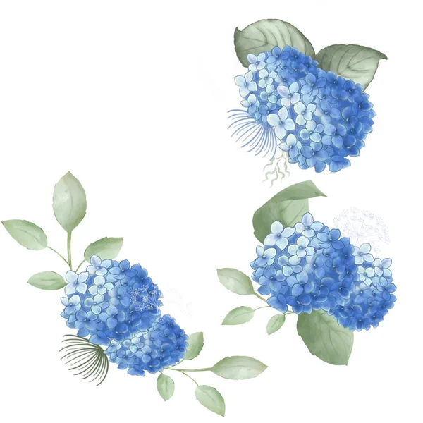 Zestaw Niebieskich Elementów Hortensji Zielonymi Liśćmi Malowanie Akwarelami Ładny Design — Zdjęcie stockowe