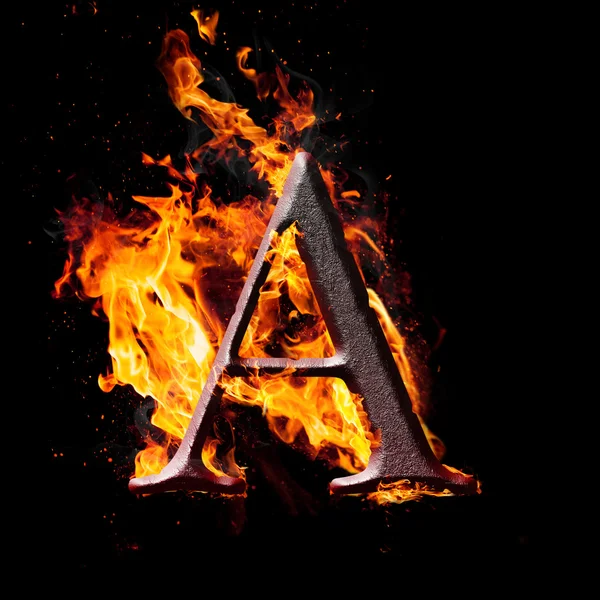 High resolution iron letters illustration in fire on black background — Stock Photo, Image