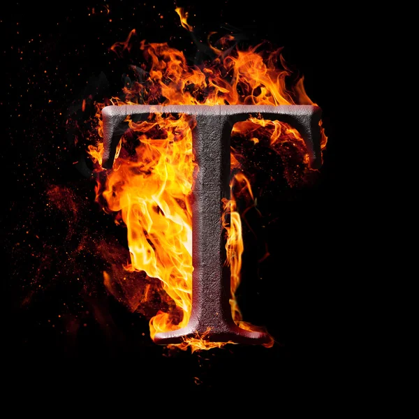 High resolution iron letters illustration in fire on black background — Stock Photo, Image