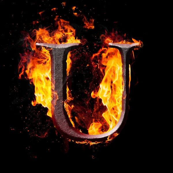 High resolution iron letters illustration in fire on black background — Stock Photo, Image