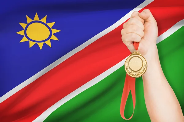 Medal in hand with flag on background - Republic of Namibia — Stock Photo, Image