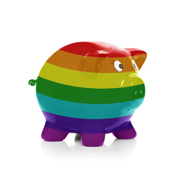 Sparschwein mit Flagge Beschichtung drüber - Gey-Regenbogenfahne — Stockfoto