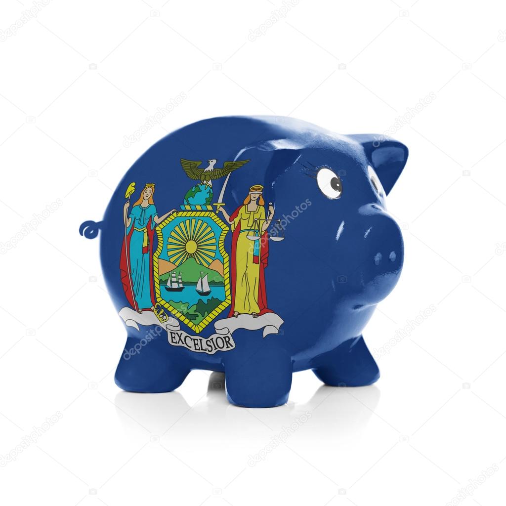 Piggy bank with flag coating over it - State of New York