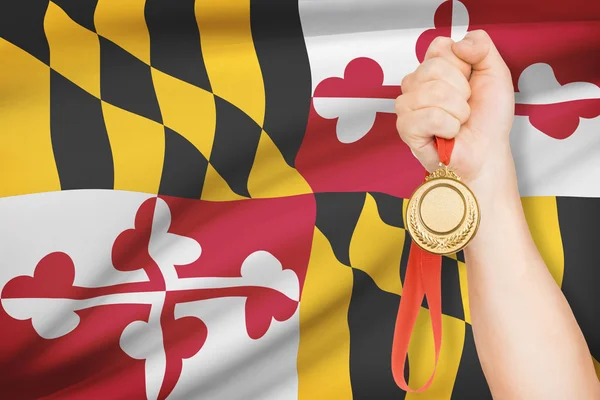 Medalj i hand med flaggan i bakgrunden - delstaten maryland. del av en serie. — Stockfoto