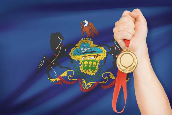 Medaille in der hand mit Flagge auf Hintergrund - Commonwealth von Pennsylvania. Teil einer Serie. — Stockfoto