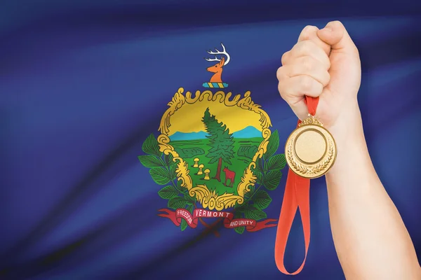 Medal in hand with flag on background - State of Vermont. Part of a series. — Stock Photo, Image