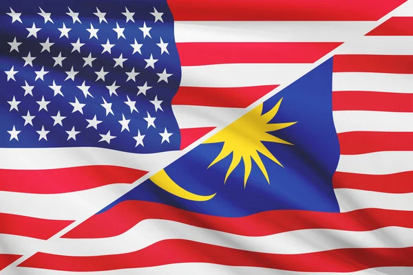 Series of ruffled flags. USA and Malaysia. — Stock Photo, Image