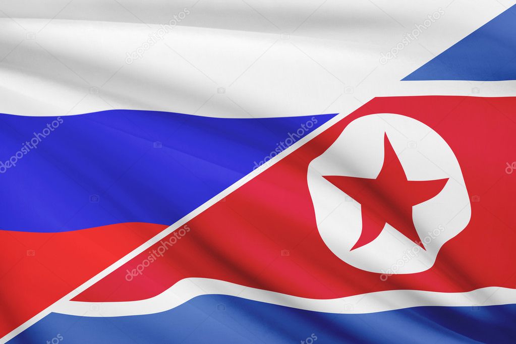 Series of ruffled flags. Russia and North Korea.