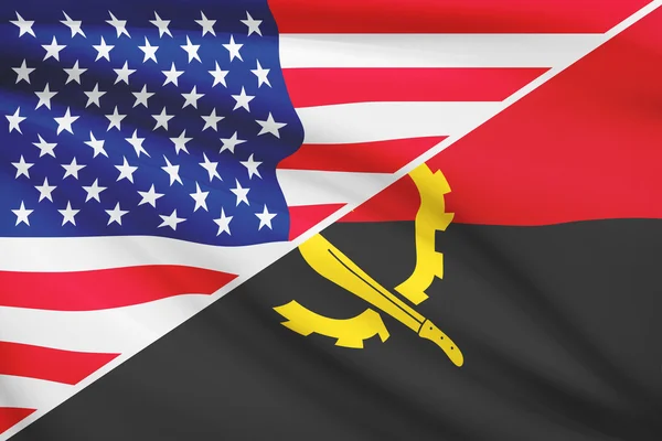 Series of ruffled flags. USA and Angola. — Stock Photo, Image